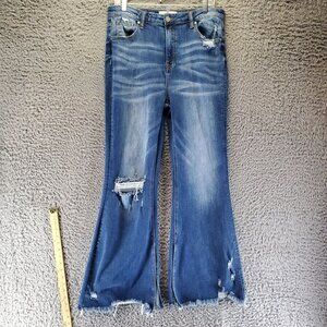 Risen Jeans Womens Jeans Size 15/32 Blue Distressed Flare Frayed Hem Stretch